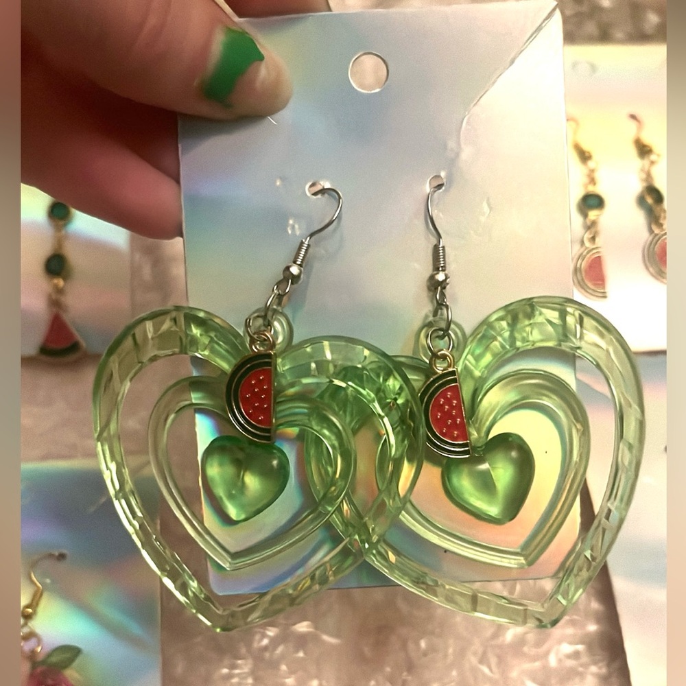NEW Heart-Shaped Green Watermelon Earrings